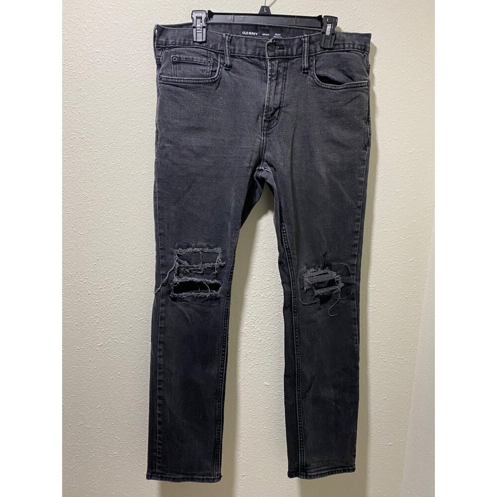 Old Navy Slim BuiltIn Flex Jeans Mens 34x32 Washed Black Distressed Ripped Knees - Picture 7 of 13